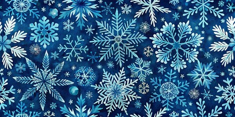 A mesmerizing tapestry of delicate snowflakes, each rendered in shades of blue, dancing on a canvas of rich indigo, creating a captivating winter wonderland.