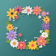 Colorful Paper Flower Wreath on Teal Background
