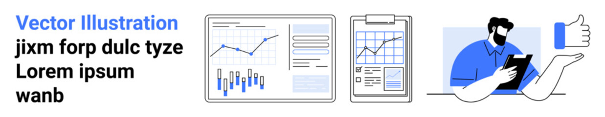 Charts with data trends, clipboard with metrics, person using a tablet and giving a thumbs up in blue and white color scheme. Ideal for business analysis, data visualization, digital strategy