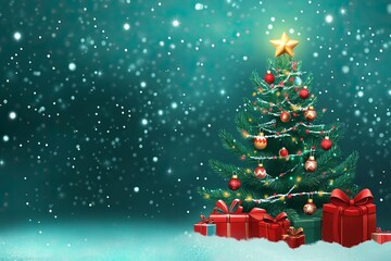 Obraz premium Holidays background with illuminated Christmas tree, gifts and decoration with generative ai