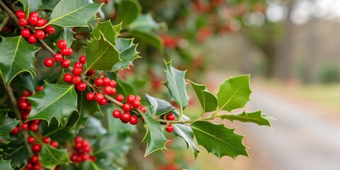 Obraz premium Vibrant Green Leaves and Bright Red Berries Decorative Border for Seasonal Greeting Cards, Nature-Inspired Design, Panoramic Photography, Perfect for Holiday Celebrations