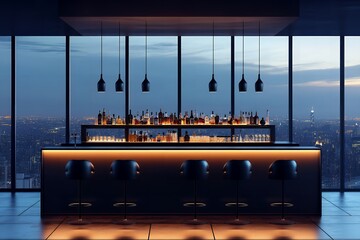 高層ビルからの夜景を楽しむモダンなラウンジバー | Modern Lounge Bar with City Skyline Night View