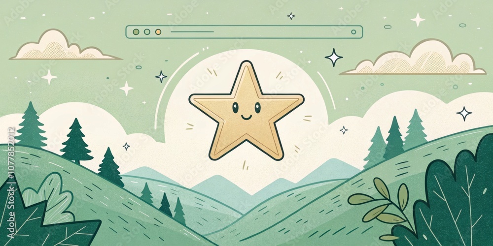 Poster mellow vibes a calming web interface showcasing green and beige tones. the favorites star floats up 