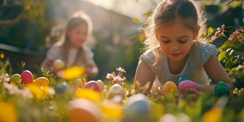 Easter Egg Hunt in Blooming Garden