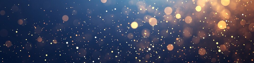 Abstract shining golden glitter lights on dark blue background. Circle blurred bokeh. Christmas, New Year, party, holiday or birthday. Festive banner for design with copy space