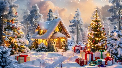 A picturesque winter scene with a decorated cottage snow-covered trees and colorful gifts for a festive Christmas or New Year greeting card