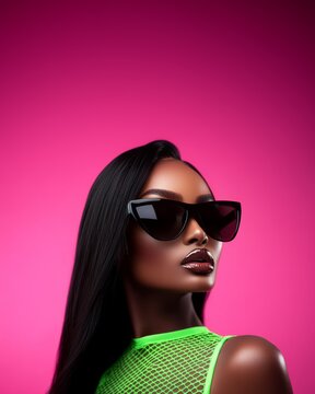 Extremely closed-up shot of a beautiful black woman with black long hair wearing black sunglasses and a brat green Mugler lace-up bodysuit