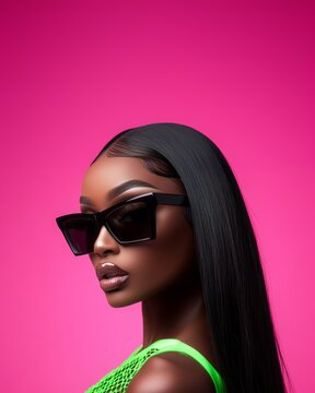 Extremely closed-up shot of a beautiful black woman with black long hair wearing black sunglasses and a brat green Mugler lace-up bodysuit