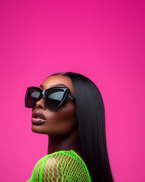 Extremely closed-up shot of a beautiful black woman with black long hair wearing black sunglasses and a brat green Mugler lace-up bodysuit