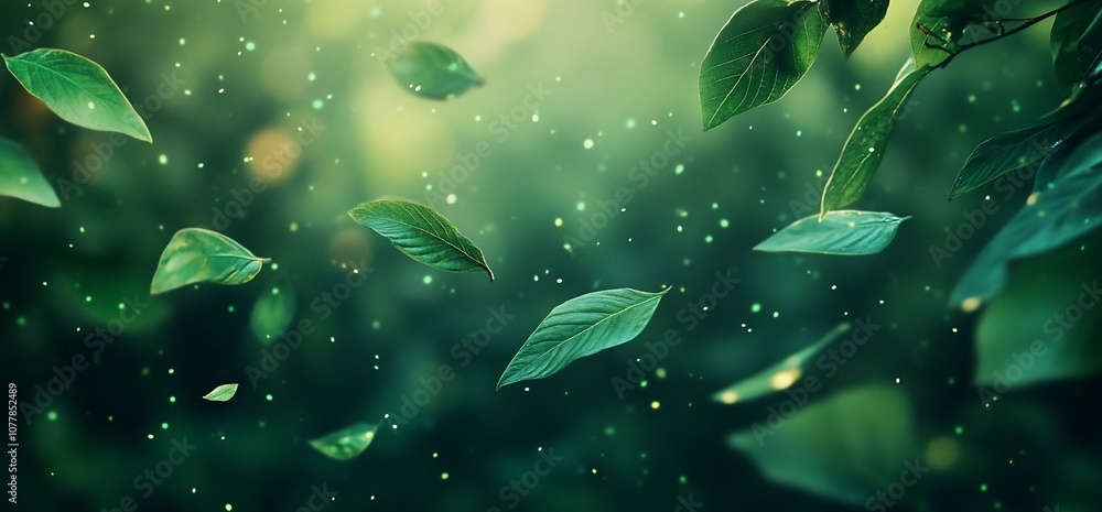 Poster green leaves falling through a misty forest with light bokeh.