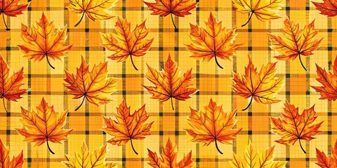 Autumnal Leaves on a Checkered Background, a Visual Symphony of Warm Tones and Geometric Harmony