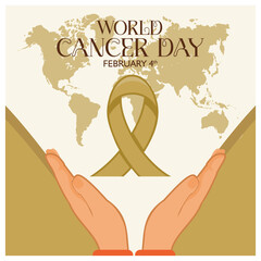 Hand-holding cancer awareness ribbon. World Cancer Day campaign. World Cancer Day concept. Flat vector illustration.