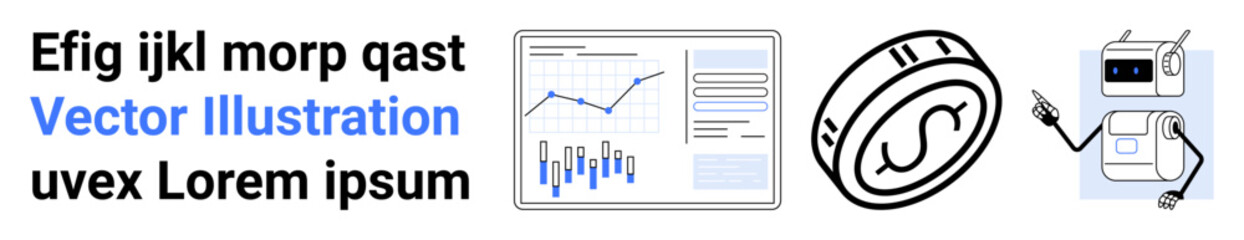 Text content, data analysis dashboard with charts, technology symbol with dollar sign, futuristic robot interacting. Ideal for presentations, tech articles, financial trends, automation, AI concepts