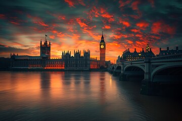 Aerial view of Houses of Parliament at sunset,