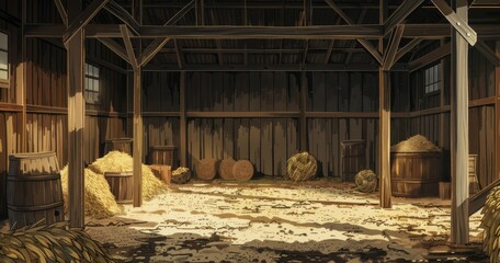 Fototapeta premium 2D game image of wooden storage interior in Japan, keeping wood and hay, style of anime, wide view