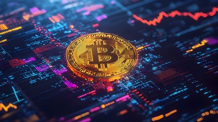 A Golden Bitcoin Coin Surrounded by Vibrant Streams of Digital Data Matrix
