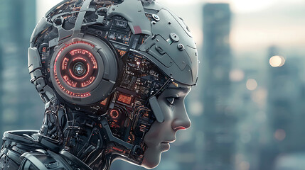 Fototapeta premium Futuristic robot head with intricate circuitry and glowing elements, showcasing advanced technology and design. cityscape in background enhances sci fi atmosphere