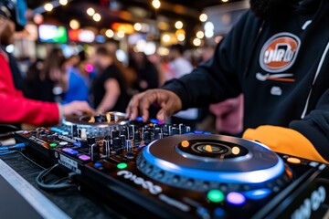 Naklejka premium DJ mixing music at a club with colorful lights and a crowd dancing in the background