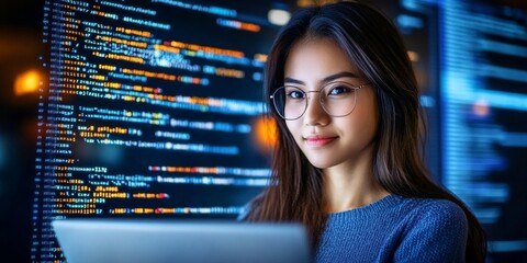 The integration of technology and human expertise in software development is presented by a young Asian woman programmer in front of an LCD screen with code projected 