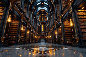 Fototapeta premium Enchanted library with towering bookshelves and floating lights, filled with ancient, magical knowledge
