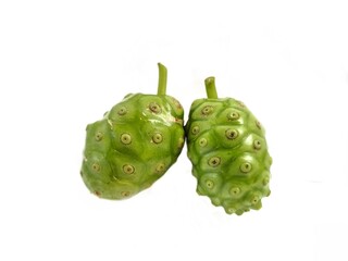 A fruit of noni, Morinda citrifolia, Cheese fruit with a flower and a leaf, used as ingredients, vegetable, beverage and traditional.
