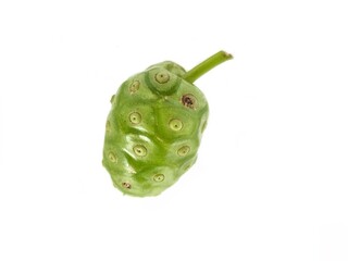 Naklejka premium A fruit of noni, Morinda citrifolia, Cheese fruit with a flower and a leaf, used as ingredients, vegetable, beverage and traditional.