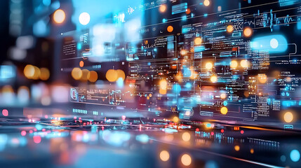 Digital cityscape with advanced technology and vibrant data visualization