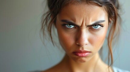 Fototapeta premium A striking portrait of an angry young woman with a fierce expression and intense eyes set against a neutral backdrop highlighting her emotion