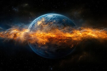 Obraz premium earth engulfed in flames from a dramatic perspective in space illustrating the catastrophic effects of global warming with vibrant colors contrasting against the deep black of the universe