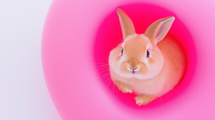 Adorable rabbit sitting inside a pink inflatable ring on a white background. Perfect for Easter, summer, and animal-themed designs