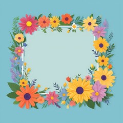 Obraz premium Colorful Floral Frame with a White Background on a Blue Surface