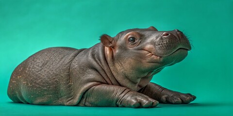 Fototapeta premium Adorable Baby Hippopotamus Silhouette Against Teal Background - Curiosity Captured in a Unique Perspective