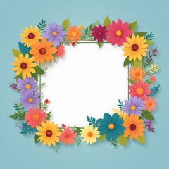 Obraz premium Colorful Paper Flowers Frame with White Center on Blue Background