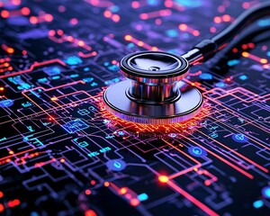 Stethoscope on Digital Circuit Board Background