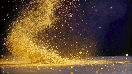 Dynamic Golden Particle Explosion on Black Background for Celebratory Designs, Festive Events, and Elegant Decorations