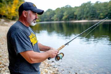 Man fishing alone at a peaceful lake, with a focused expression as he holds the fishing rod