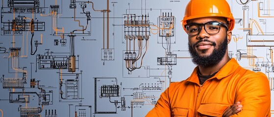 Professional Electrician with Technical Drawings Background