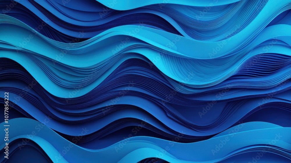 Poster a vibrant abstract design featuring flowing waves in various shades of blue, creating a dynamic, tex
