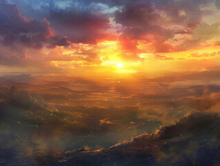 Fototapeta premium A breathtaking sunrise over a distant wilderness, with the soft light of dawn illuminating the untouched terrain.