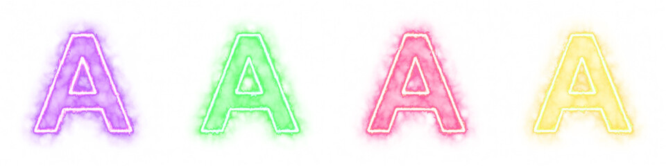 Set of 4 letter A with fire and smoke effects isolated on a transparent background. Transparent elements for graphic design.