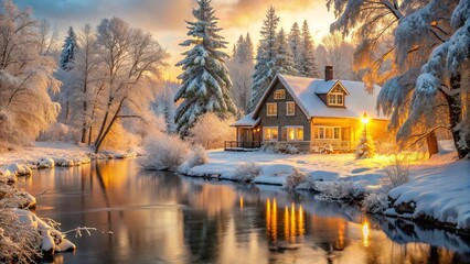 Fototapeta premium A secluded cottage with a warm glow, nestled amongst snow-covered trees and a reflective river, under a sky tinged with the hues of a winter sunrise.