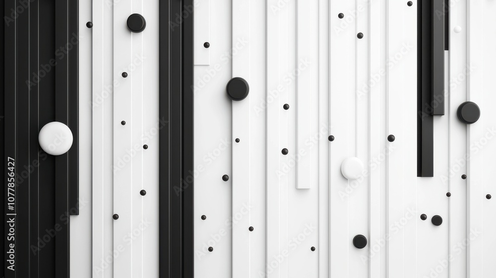 Poster a modern abstract design featuring vertical lines and circular shapes in black and white tones, crea
