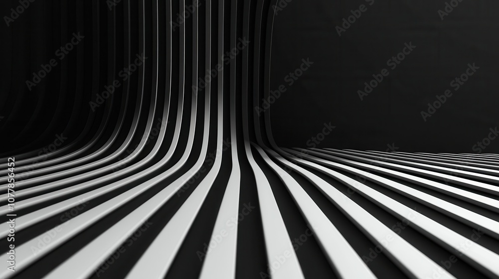Poster An abstract view of curved black and white stripes, creating a sense of depth and movement against a solid black background.