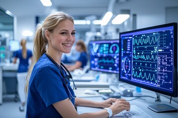 Smiling Female Nurse with Medical Monitors