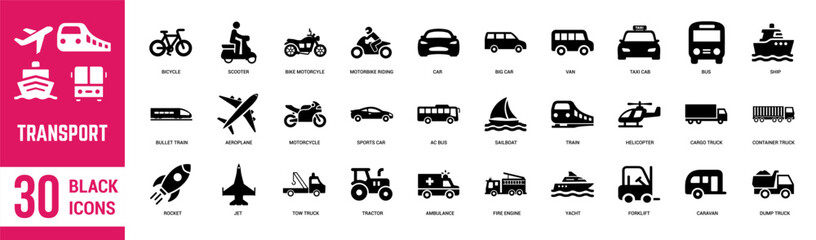 Transport solid icons set. Transport, motorcycle, ship, cycle, van, bus, train, truck, aeroplane, helicopter and car. Vector illustration