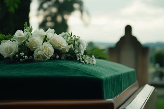 A casket with white roses on top of it at the funeral home, concept of funeral rituals, ritual business, honouring and remembering the dead, the afterlife, traditional burial	