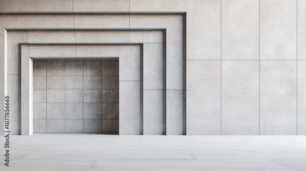 Poster a minimalist concrete space featuring layered archways, creating a sense of depth and modernity in a