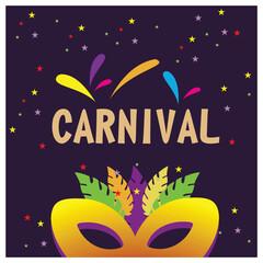 Carnival party with feather masks and confetti. Festive colorful background. Carnival party concept. Flat vector illustration.