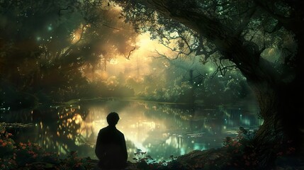 Obraz premium Enchanted Forest Lake: A Mystical Landscape with Glowing Water and a Silhouetted Figure