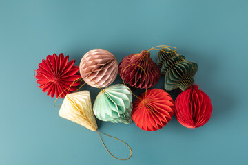 Bright paper Christmas tree decorations. Stylish Christmas decorations. 